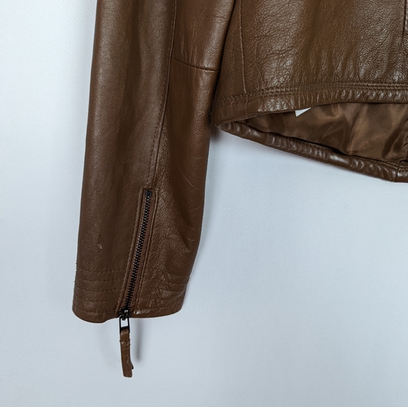 ZARA Basic XL Lambs Leather Brown Tan Moto Jacket Coat Crop Zipper Sleeves - Picture 6 of 9